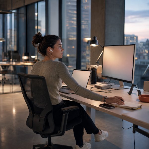 A woman working late at a desk in an open office, looking toward her monitor